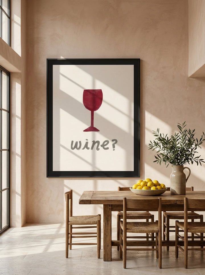 Oversized statement modern wall art print styled on the wall in a Mediterranean dining room