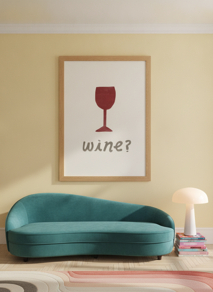 Oversized statement modern wall art print styled on the wall in a colourful eclectic living room