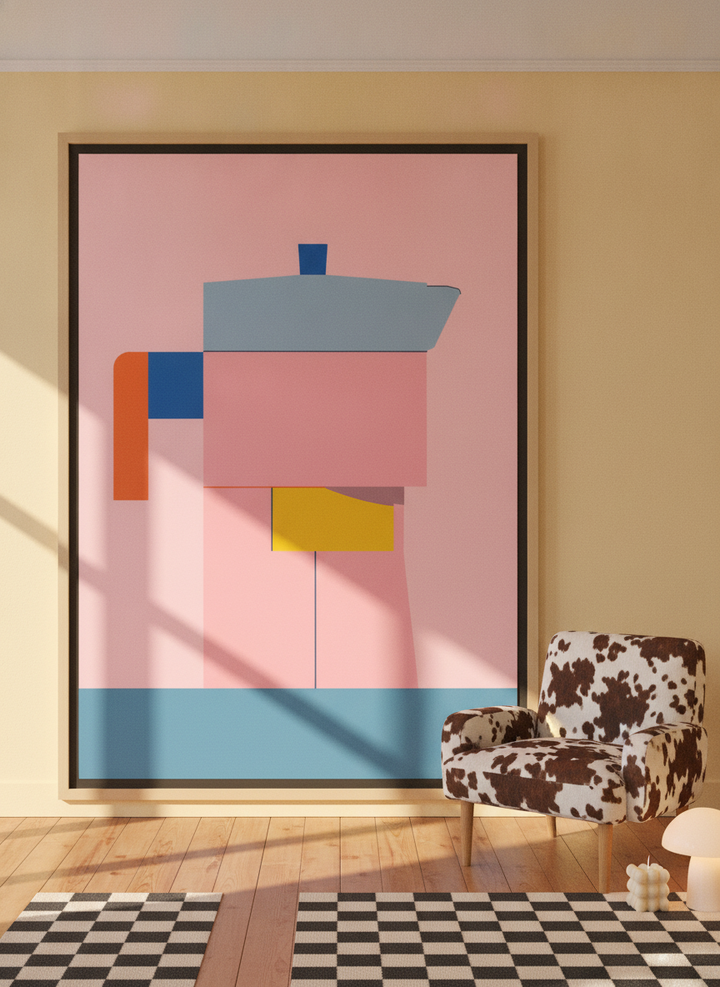 Oversized statement canvas wall art with a natural timber surround leaning against the wall in a colourful eclectic bedroom