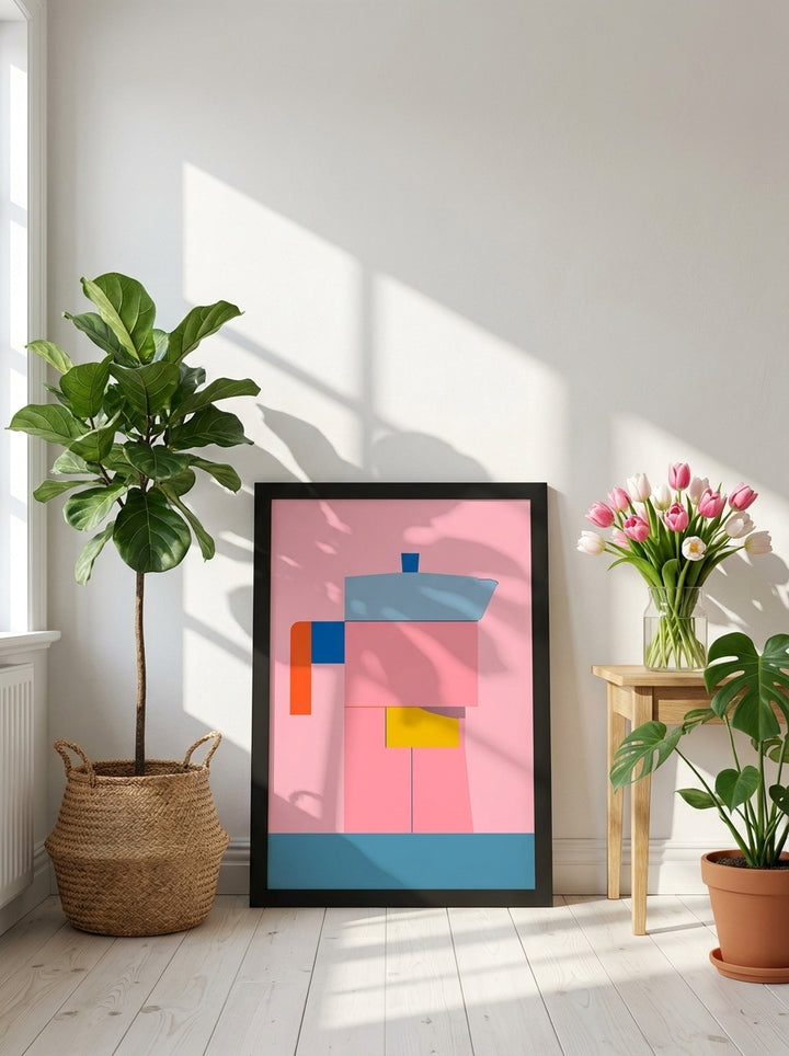 Modern wall art print leaning against the wall in a bright Scandinavian kitchen