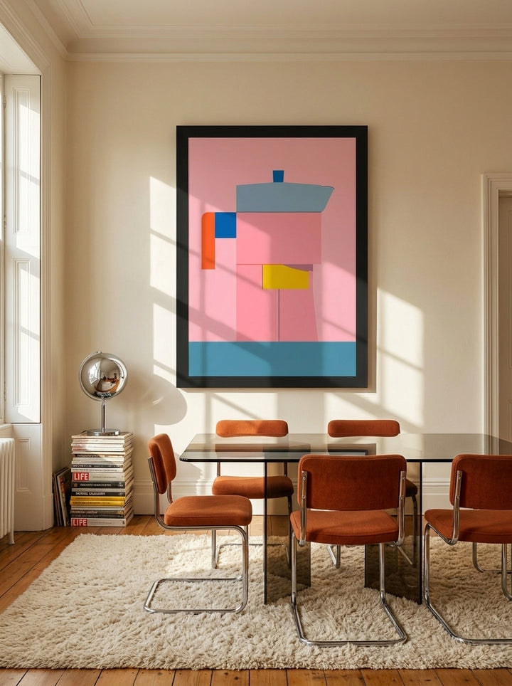 Oversized statement modern wall art print styled on the wall in a retro 70s dining room