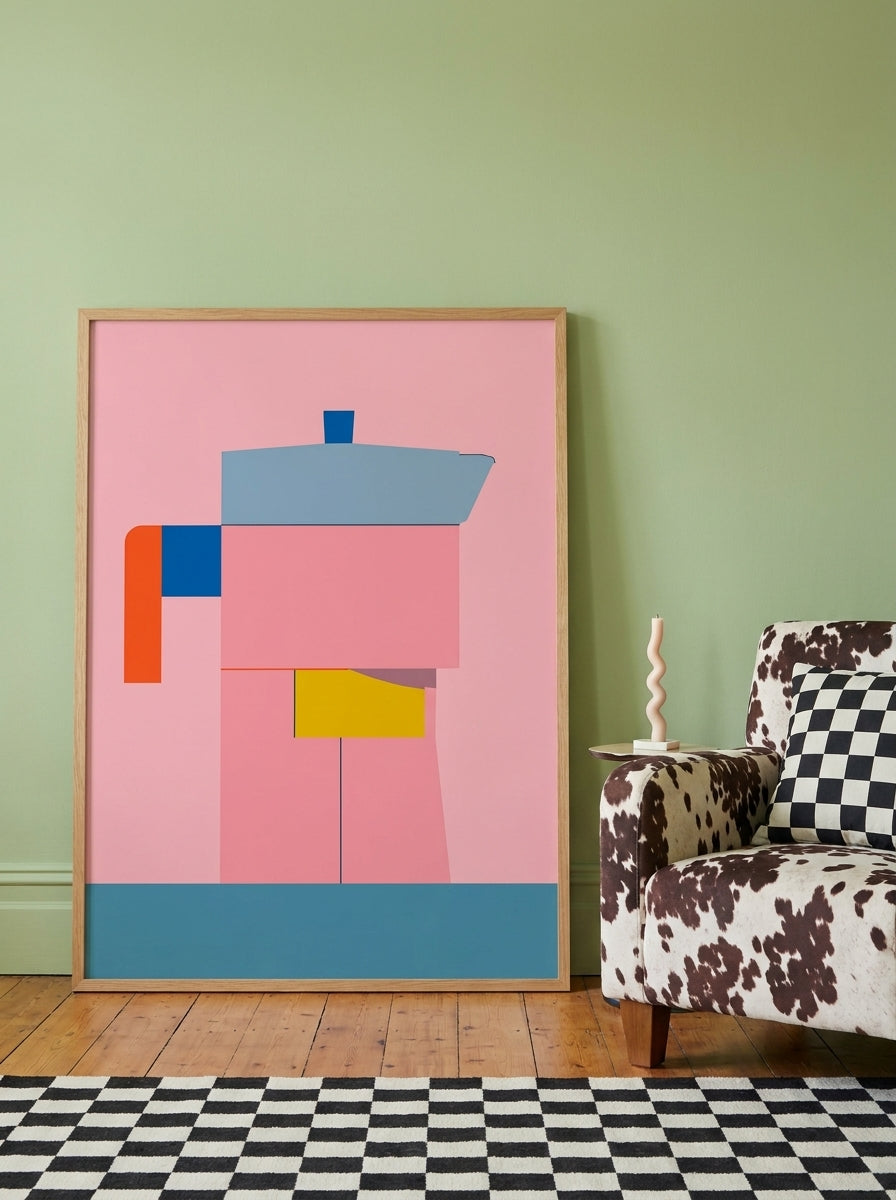 Oversized statement modern wall art print leaning against the wall in a colourful eclectic dining room