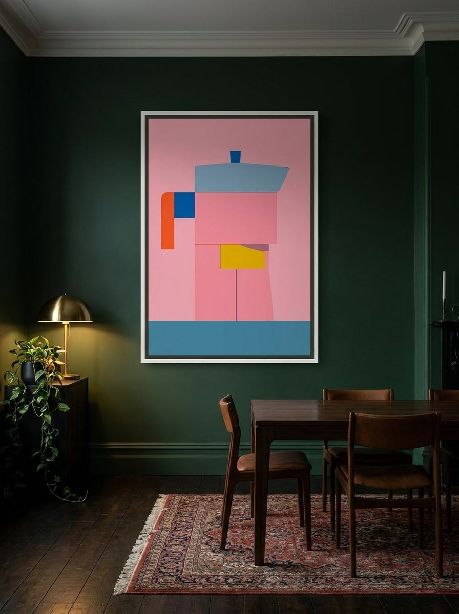 Oversized statement canvas wall art with a white surround styled on the wall in a moody dining room