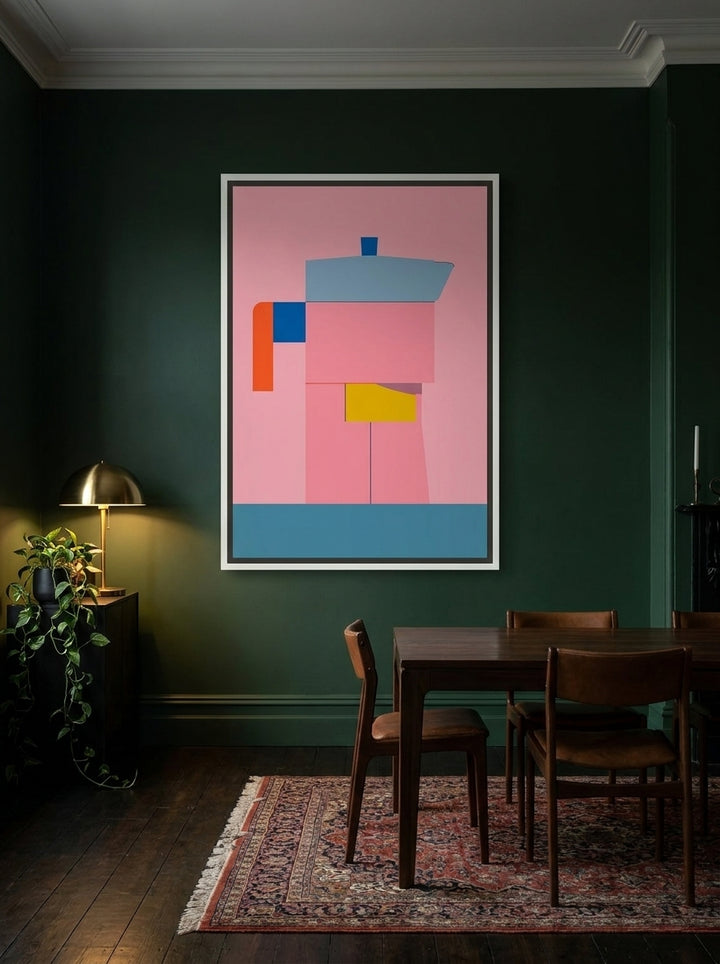 Oversized statement canvas wall art with a white surround styled on the wall in a moody dining room