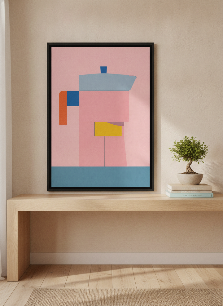 Canvas wall art with a black surround standing on a kitchen bench in a warm Japandi kitchen