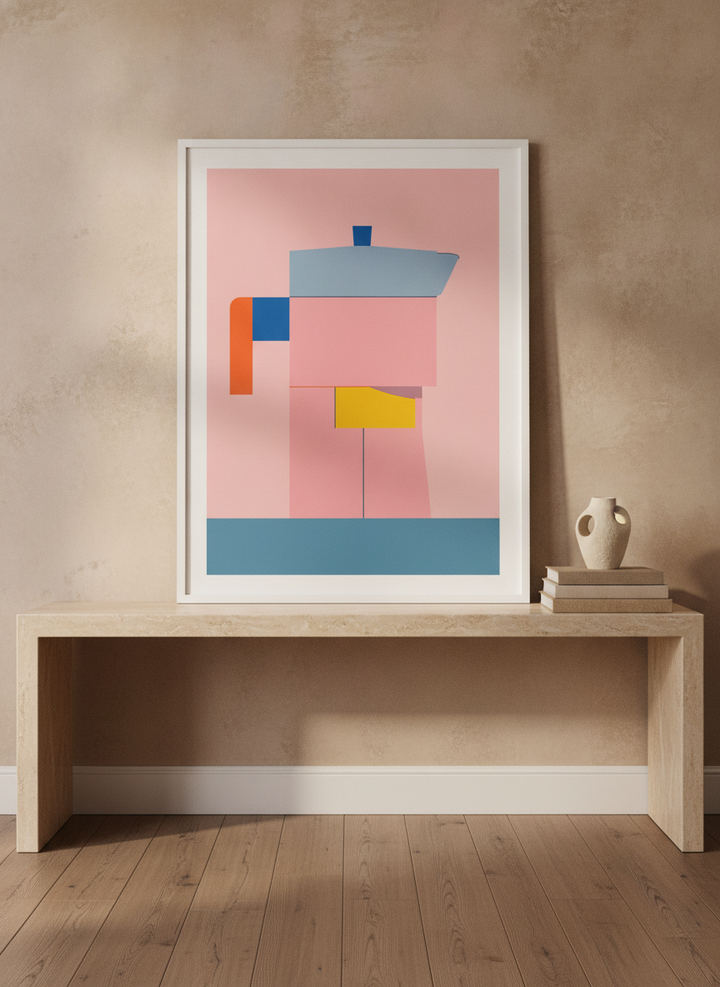 Modern wall art print standing on a console in a luxe dining room