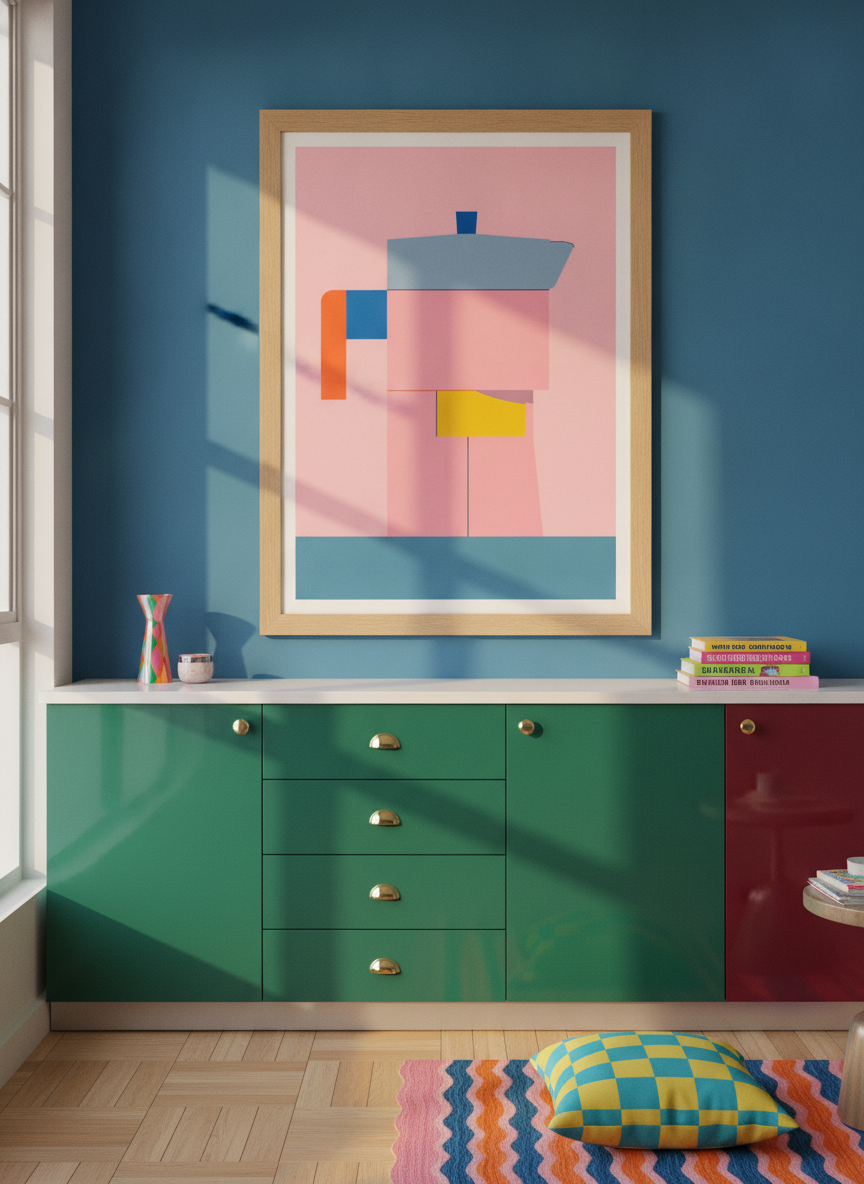 Modern wall art print styled on the wall in a colourful eclectic kitchen
