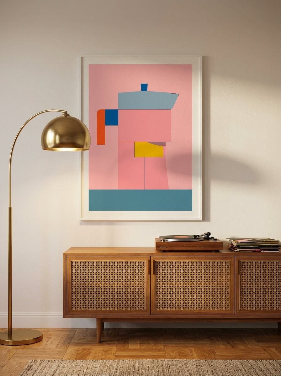 Modern wall art print styled on the wall in a mid-century living room