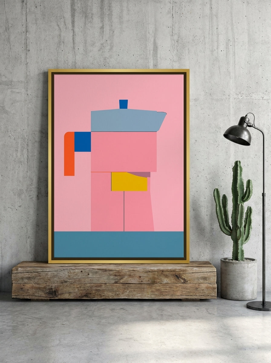 Canvas wall art with a gold leaf surround standing on a bench in an industrial loft living room