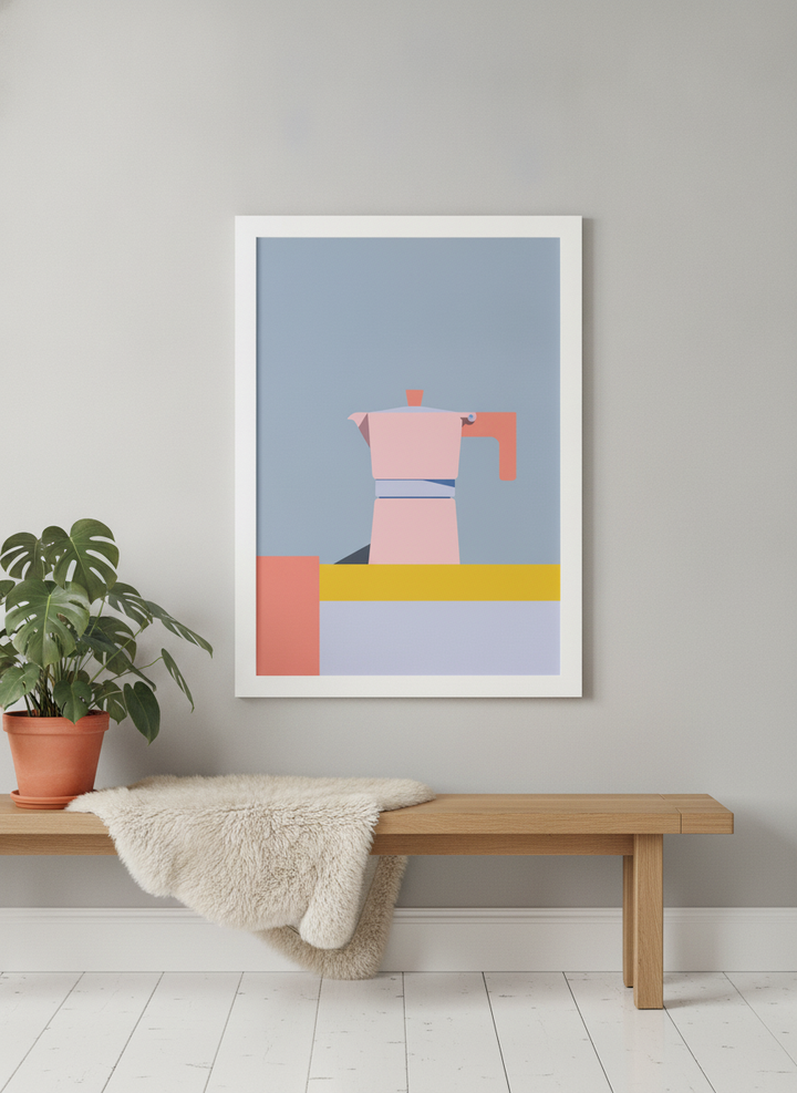 Modern wall art print standing on a bench in a bright Scandinavian living room