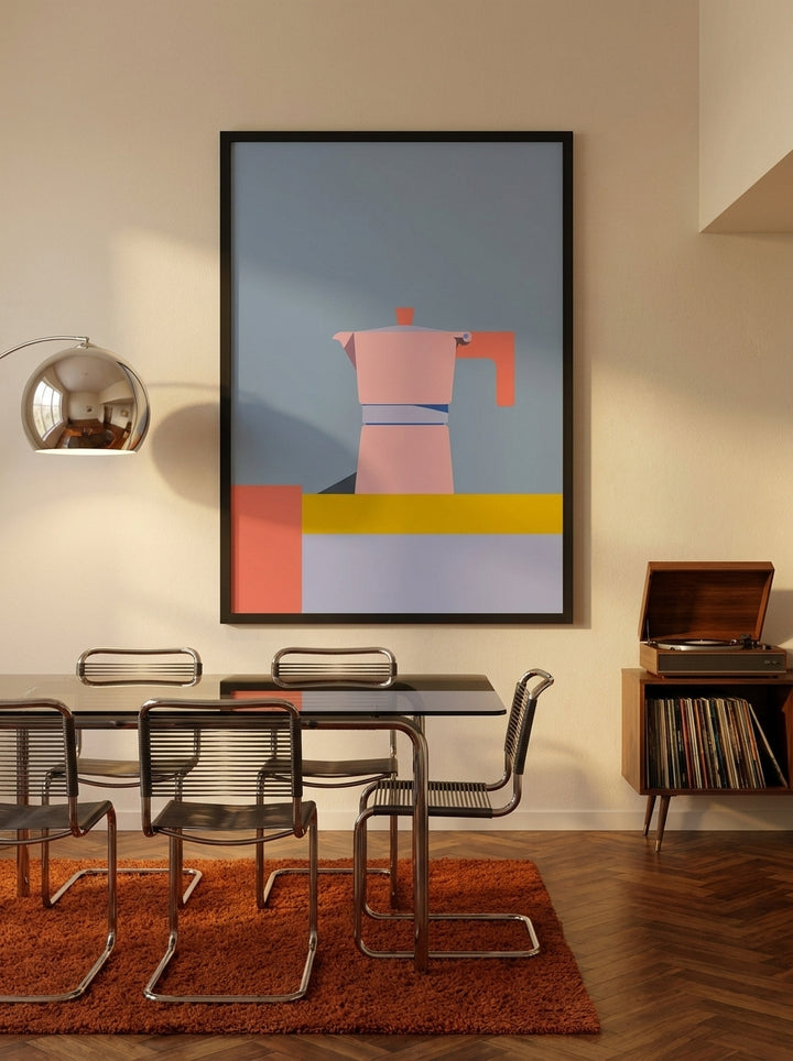 Oversized statement modern wall art print styled on the wall in a retro 70s dining room