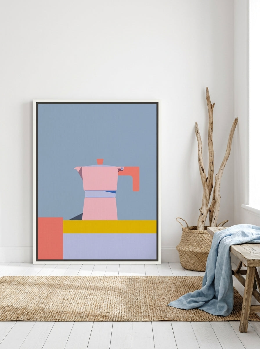 Oversized statement canvas wall art with a white surround leaning against the wall in a coastal dining room