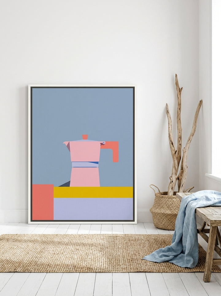 Oversized statement canvas wall art with a white surround leaning against the wall in a coastal dining room