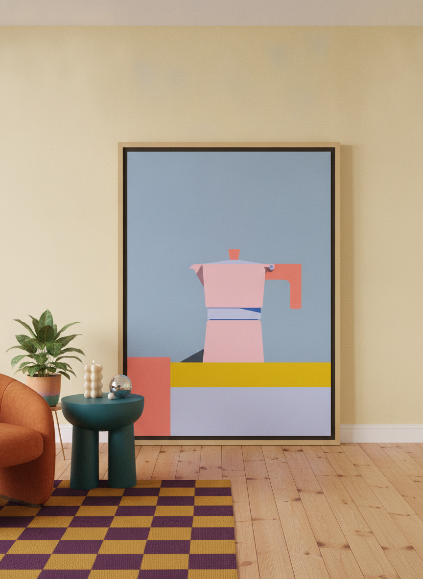 Oversized statement canvas wall art with a natural timber surround leaning against the wall in a colourful eclectic living room