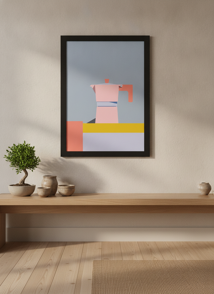 Modern wall art print styled on the wall in a warm Japandi kitchen