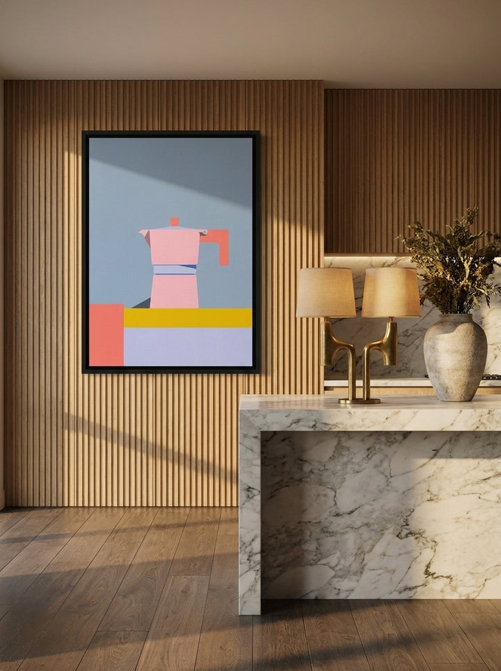 Canvas wall art with a black surround styled on the wall in a luxe kitchen