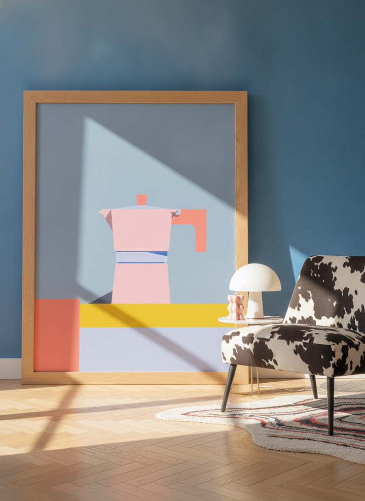 Oversized statement modern wall art print leaning against the wall in a colourful eclectic dining room
