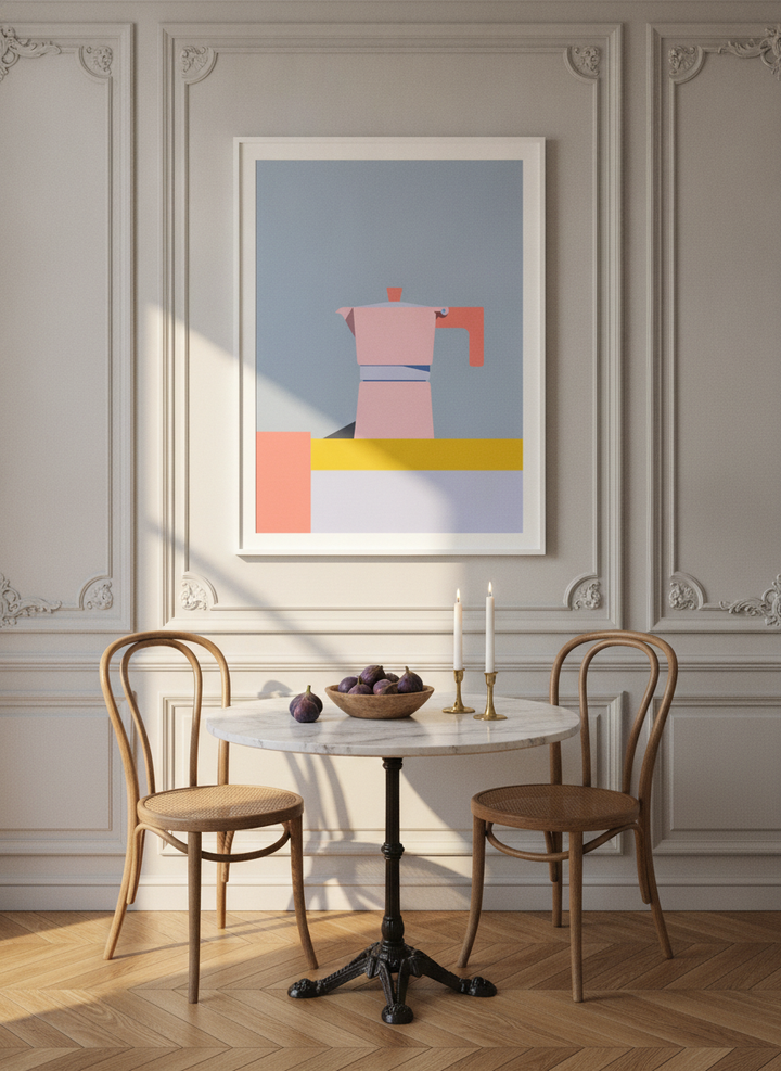 Modern wall art print styled on the wall in a Parisian dining room