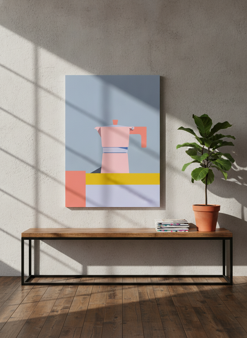 Stretched canvas wall art standing on a console in an industrial loft living room