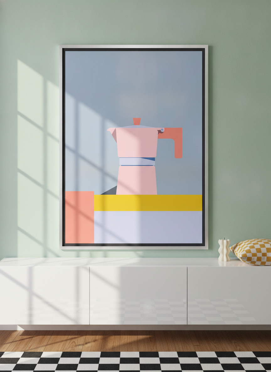 Canvas wall art with a silver leaf surround standing on a sideboard in a colourful eclectic bedroom