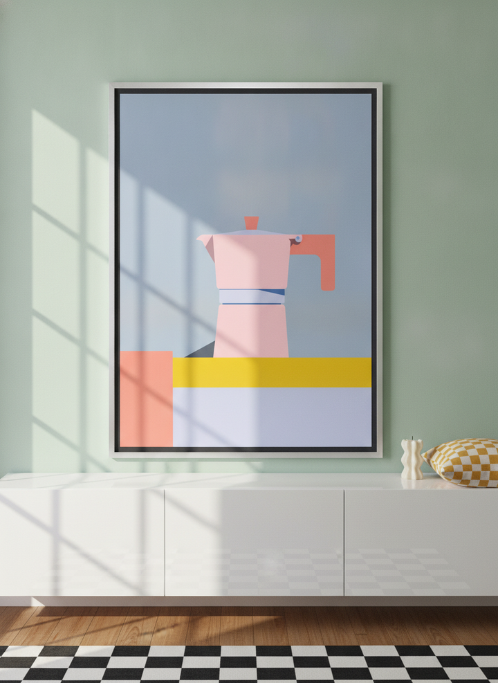 Canvas wall art with a silver leaf surround standing on a sideboard in a colourful eclectic bedroom