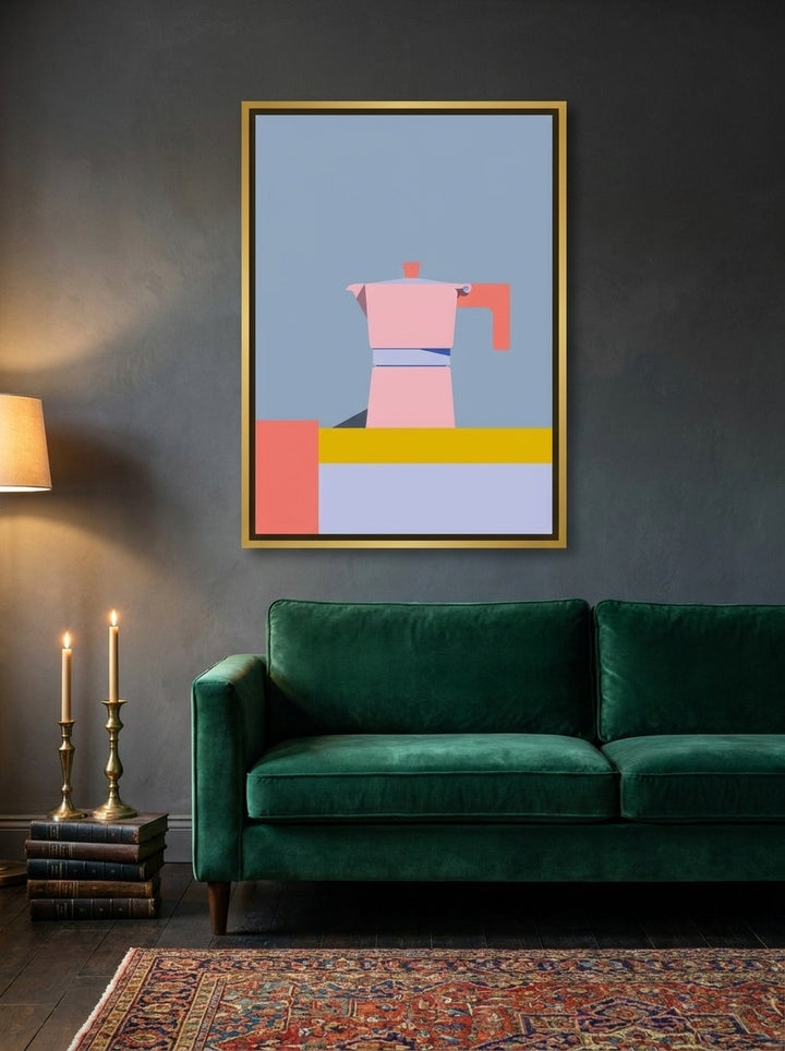 Canvas wall art with a gold leaf surround styled on the wall in a moody living room