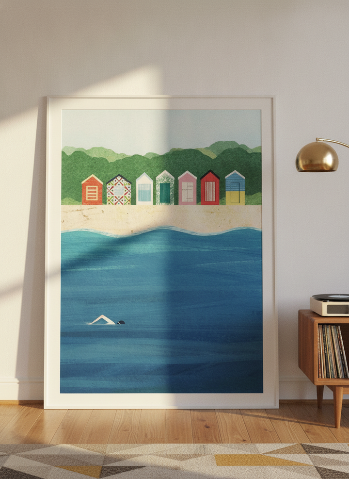 Oversized statement modern wall art print leaning against the wall in a mid-century dining room