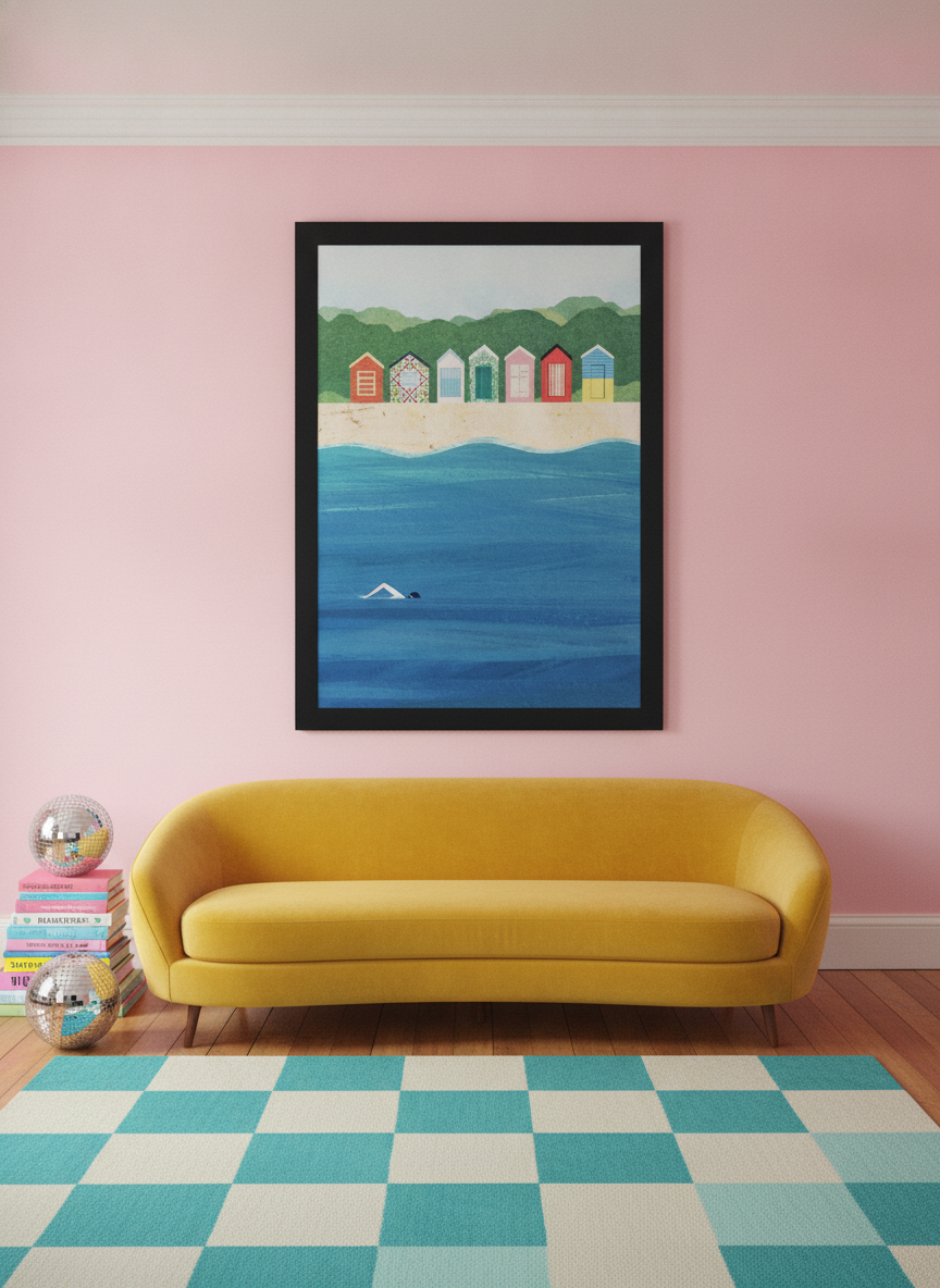 Oversized statement modern wall art print styled on the wall in a colourful eclectic living room