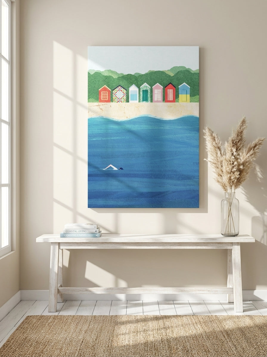 Stretched canvas wall art styled on the wall in a coastal living room