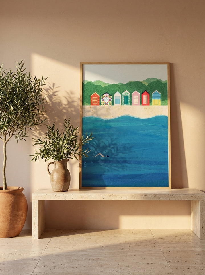 Modern wall art print standing on a console in a Mediterranean bathroom