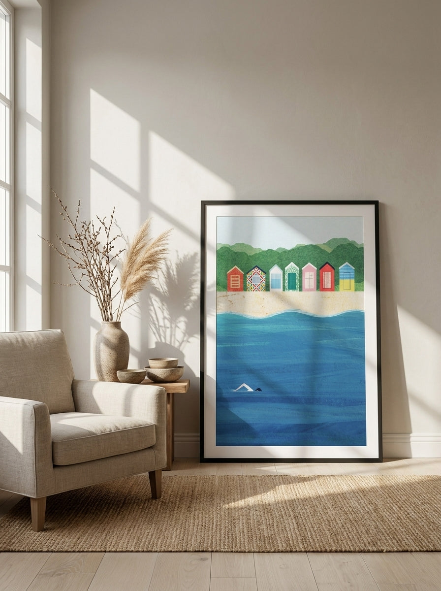 Modern wall art print leaning against the wall in a warm Japandi kitchen