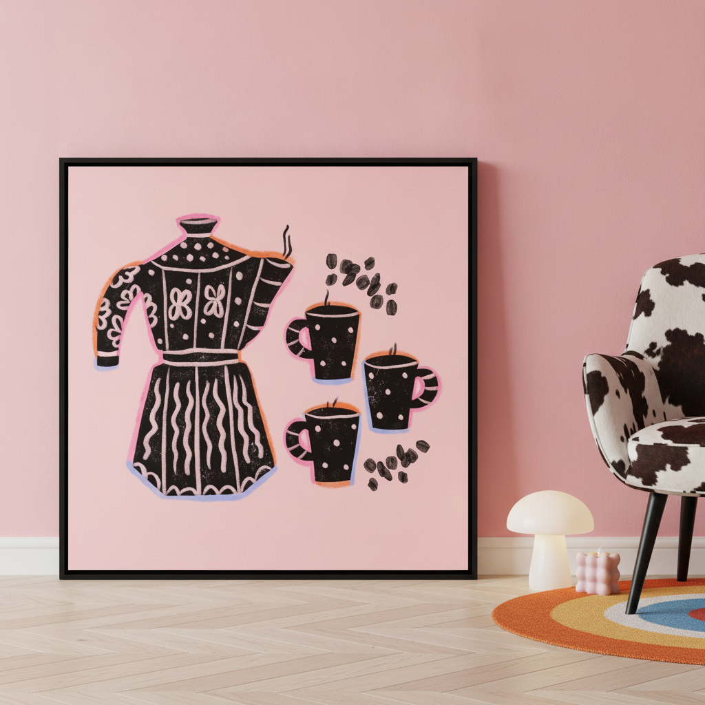 Canvas wall art with a black surround leaning against the wall in a colourful eclectic dining room