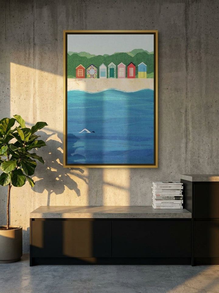 Canvas wall art with a gold leaf surround styled on the wall in an industrial loft kitchen