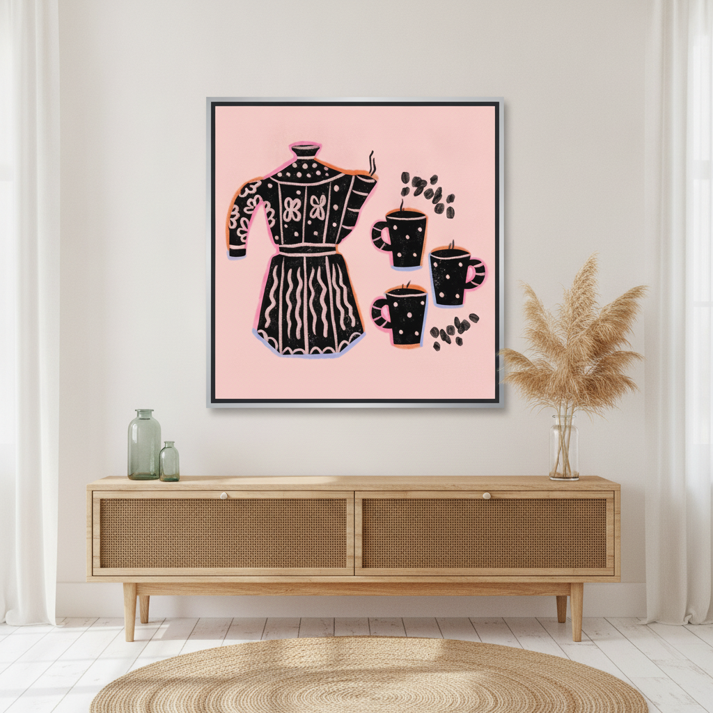 Canvas wall art with a silver leaf surround standing on a sideboard in a coastal dining room