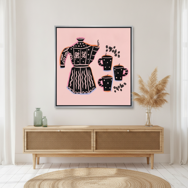 Canvas wall art with a silver leaf surround standing on a sideboard in a coastal dining room