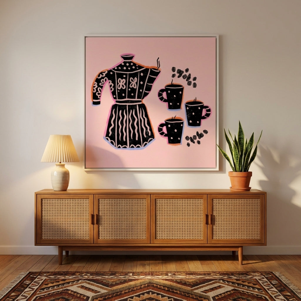 Oversized statement canvas wall art with a white surround styled on the wall in a mid-century living room