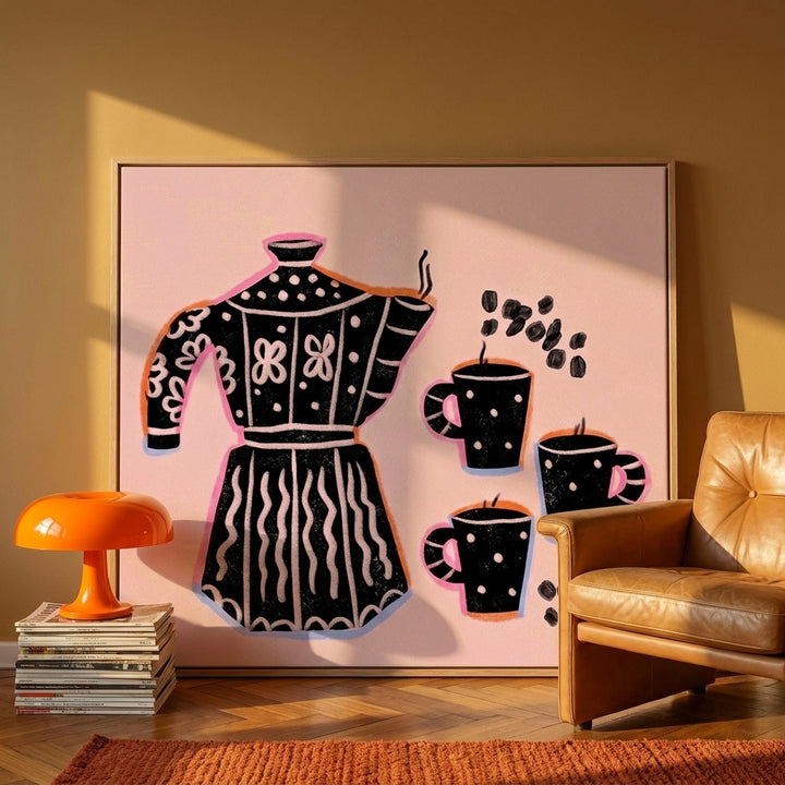 Oversized statement canvas wall art with a natural timber surround leaning against the wall in a retro 70s dining room