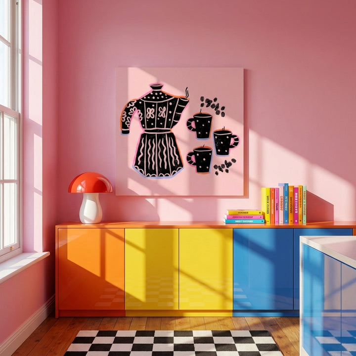Stretched canvas wall art styled on the wall in a colourful eclectic kitchen
