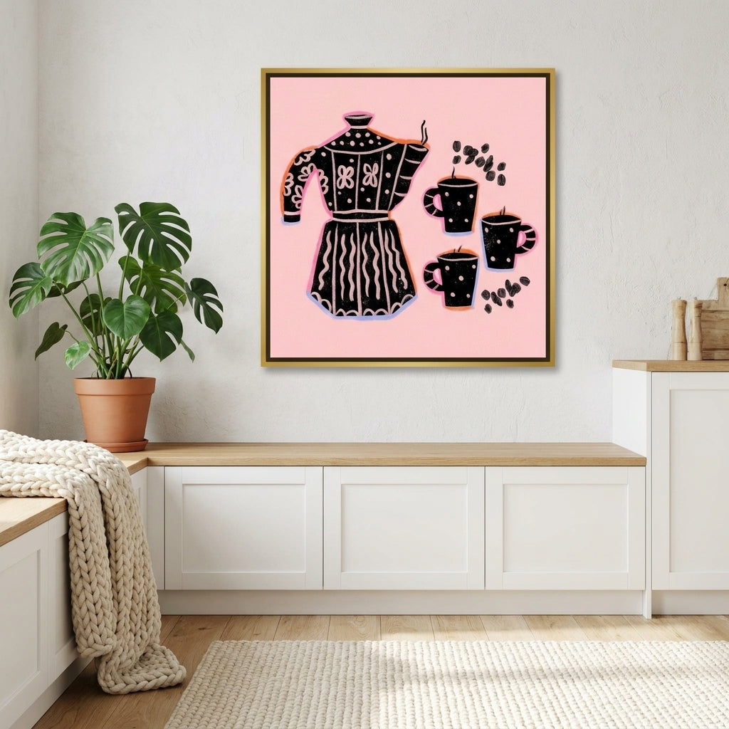 Canvas wall art with a gold leaf surround styled on the wall in a bright Scandinavian kitchen