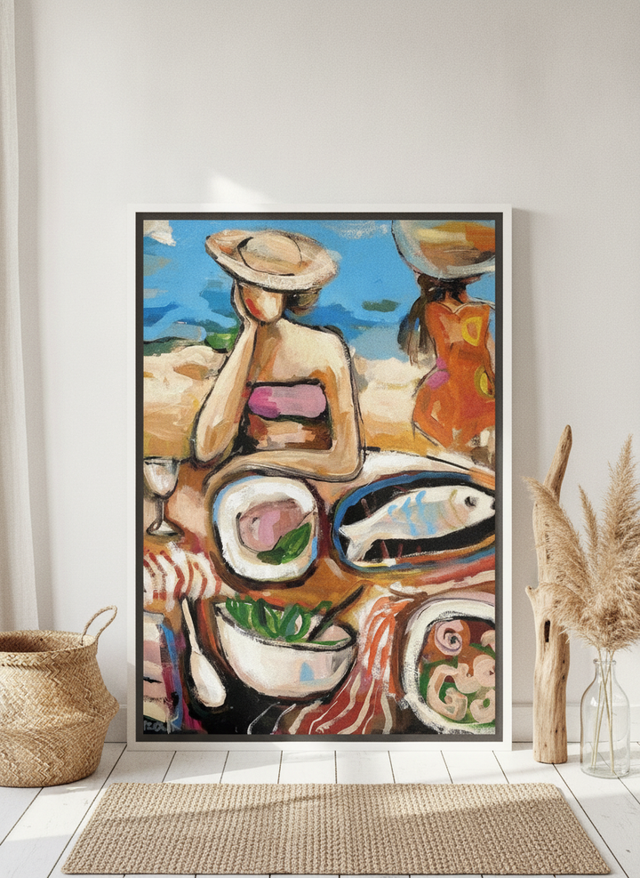 Canvas wall art with a white surround leaning against the wall in a coastal bathroom