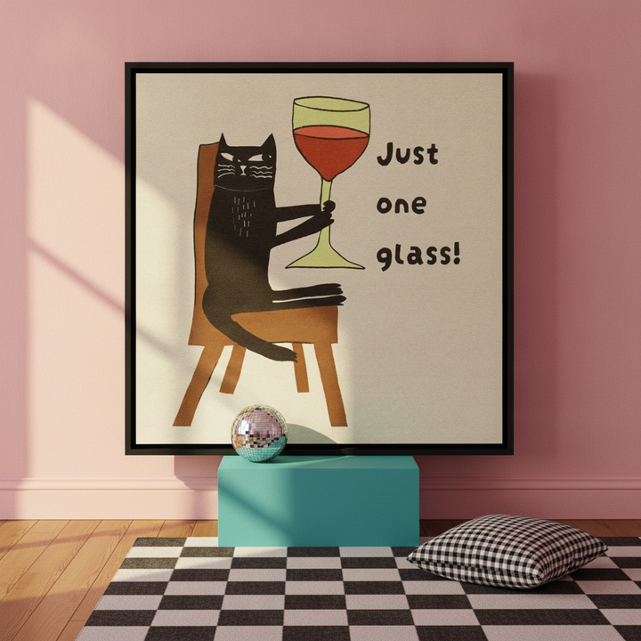 Canvas wall art with a black surround standing on a side table in a colourful eclectic bedroom