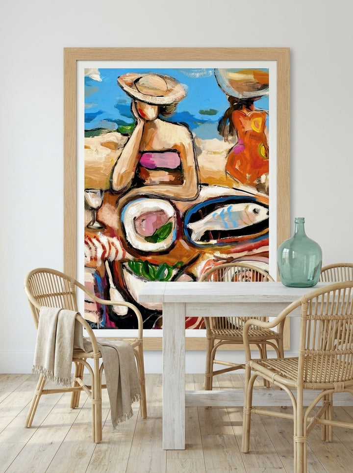 Modern wall art print styled on the wall in a coastal dining room