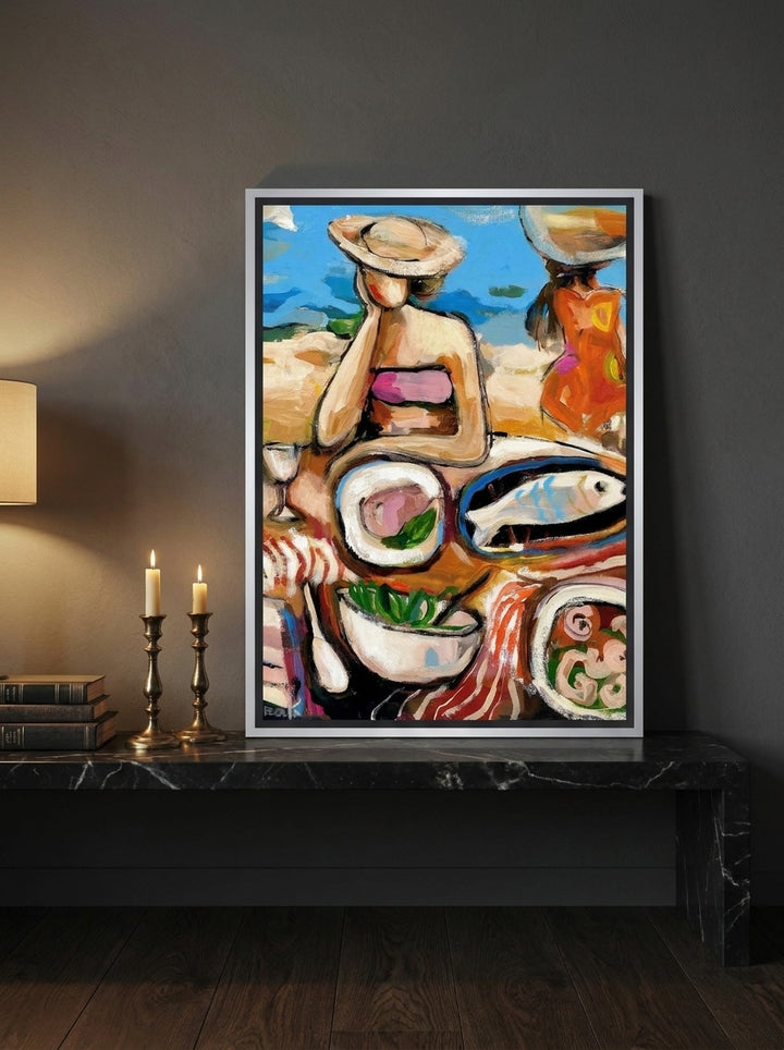 Canvas wall art with a silver leaf surround standing on a kitchen bench in a moody kitchen