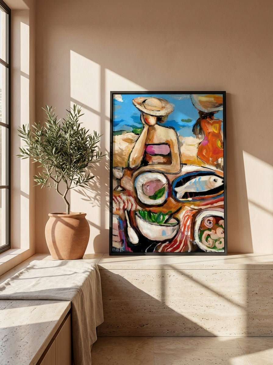 Modern wall art print standing on a kitchen bench in a Mediterranean kitchen