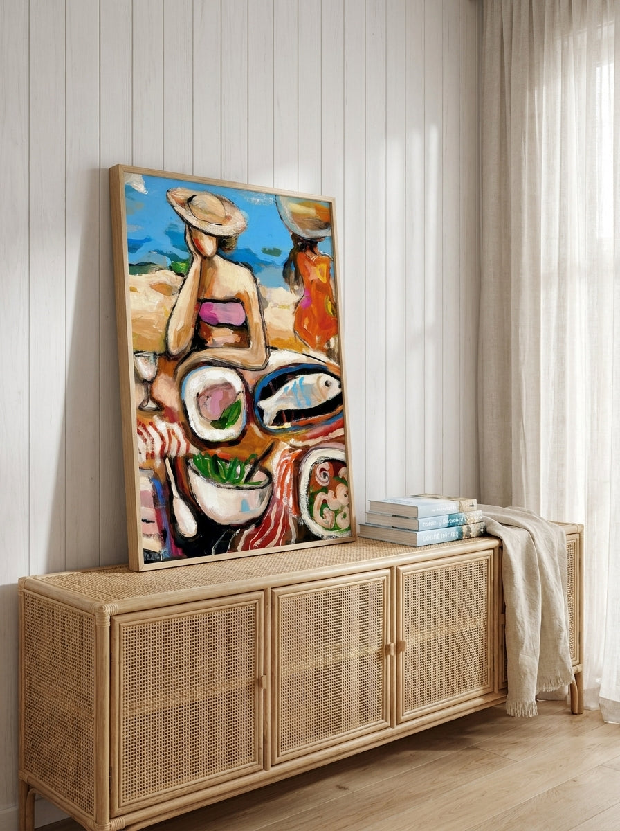 Modern wall art print standing on a sideboard in a coastal bedroom
