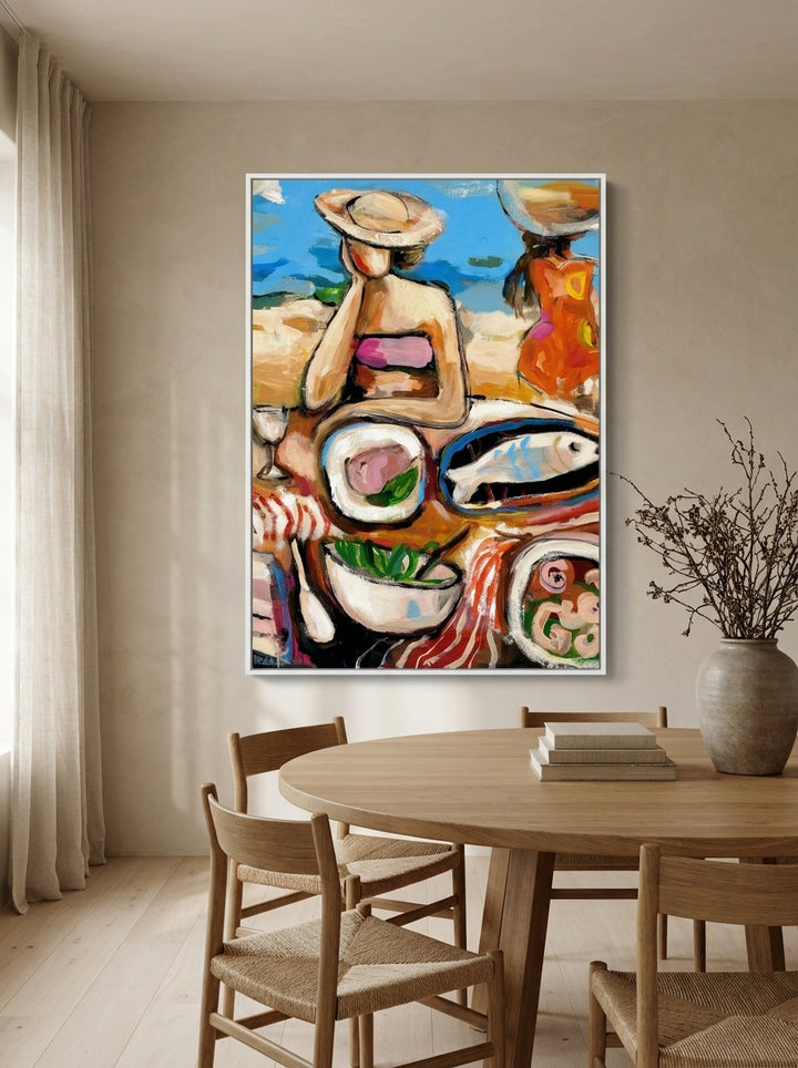 Oversized statement modern wall art print styled on the wall in a warm Japandi dining room