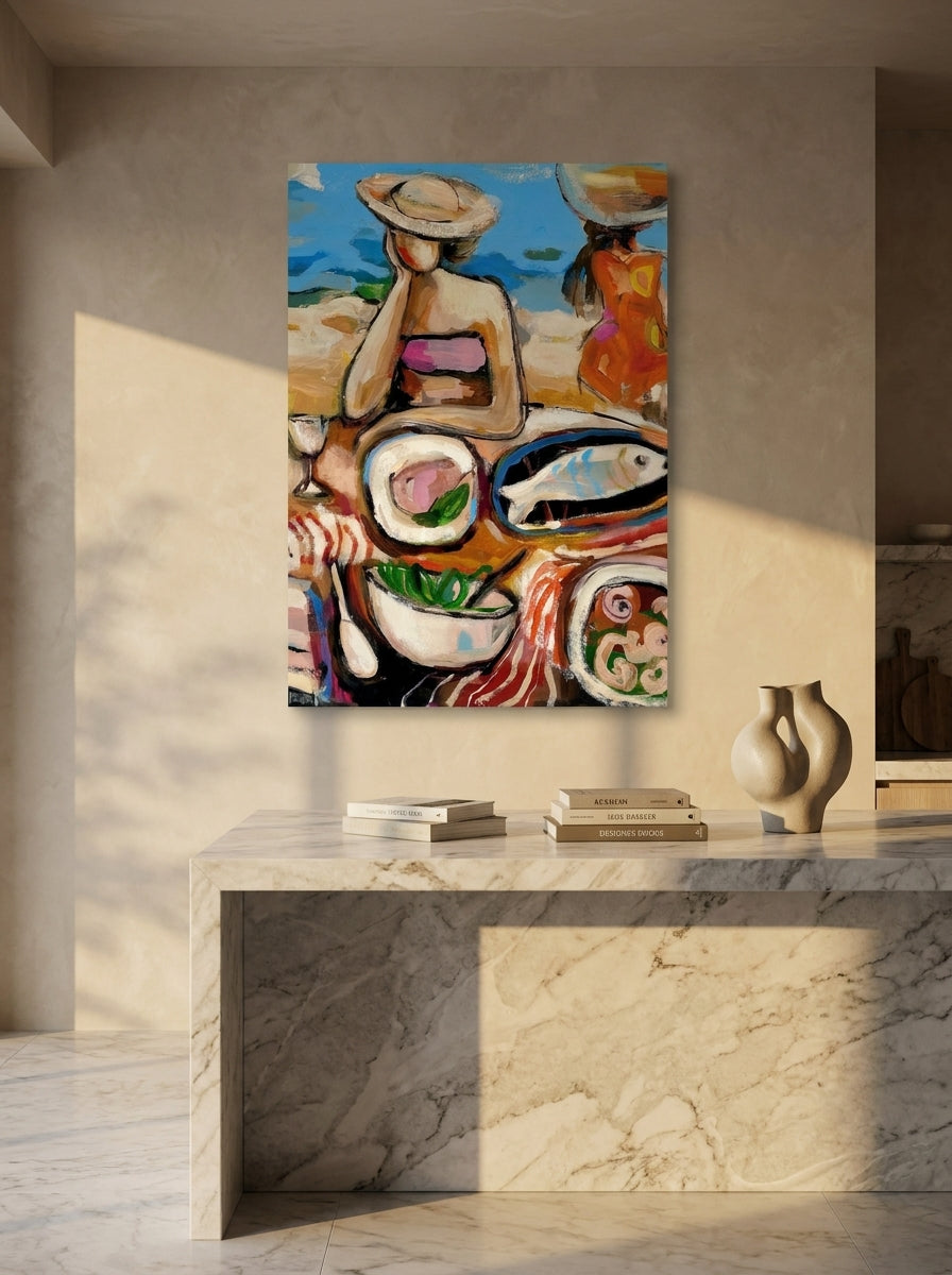 Stretched canvas wall art styled on the wall in a luxe kitchen