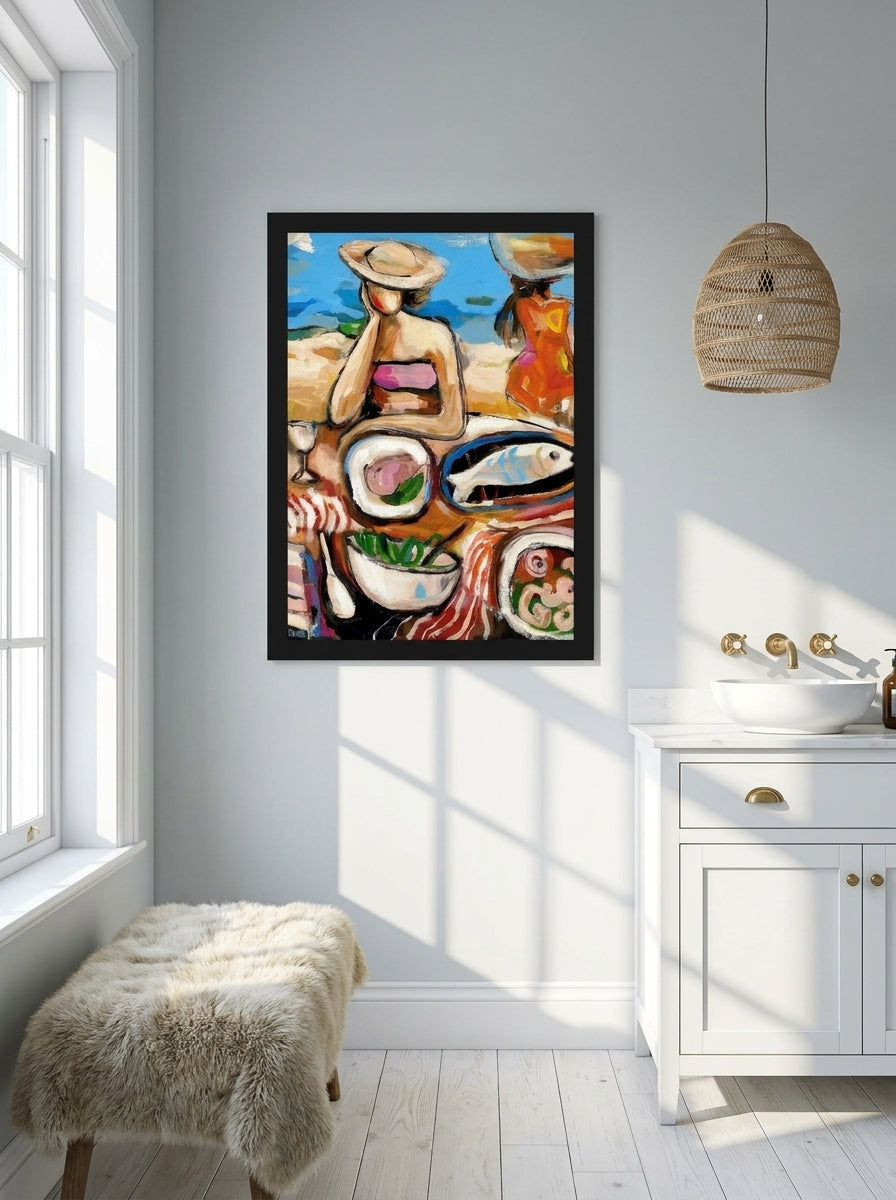Modern wall art print styled on the wall in a bright Scandinavian bathroom