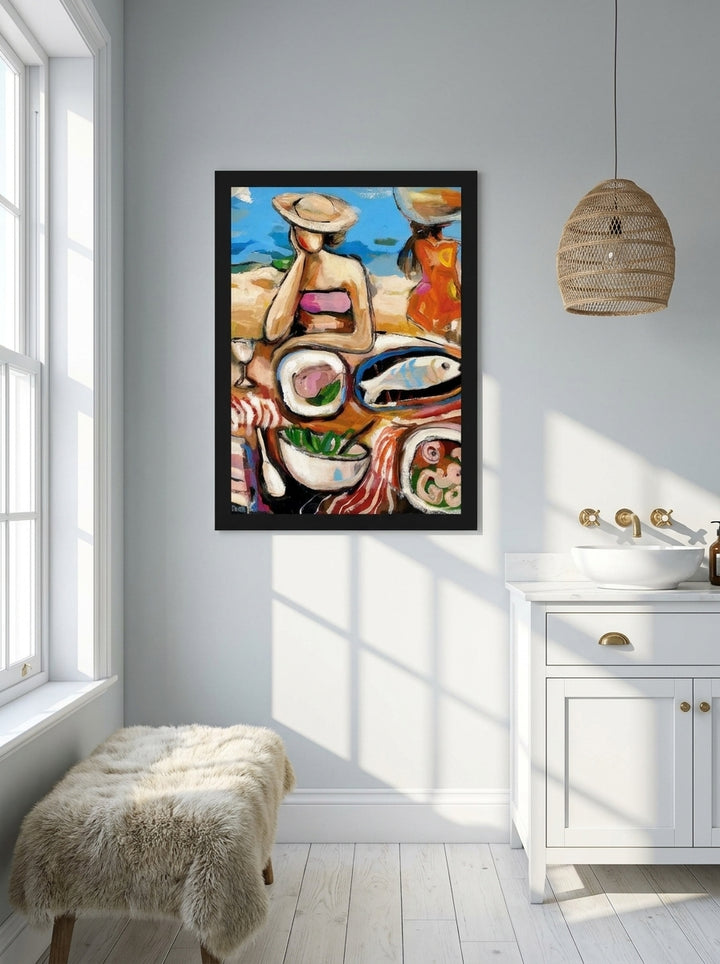 Modern wall art print styled on the wall in a bright Scandinavian bathroom