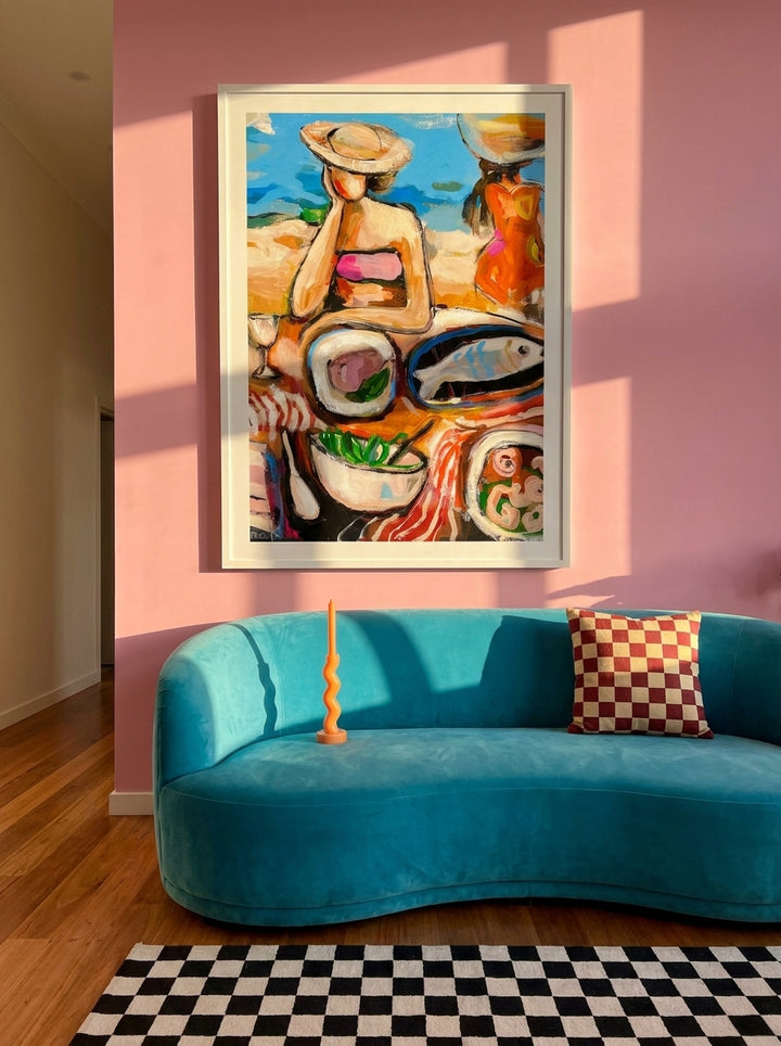 Oversized statement modern wall art print styled on the wall in a colourful eclectic living room